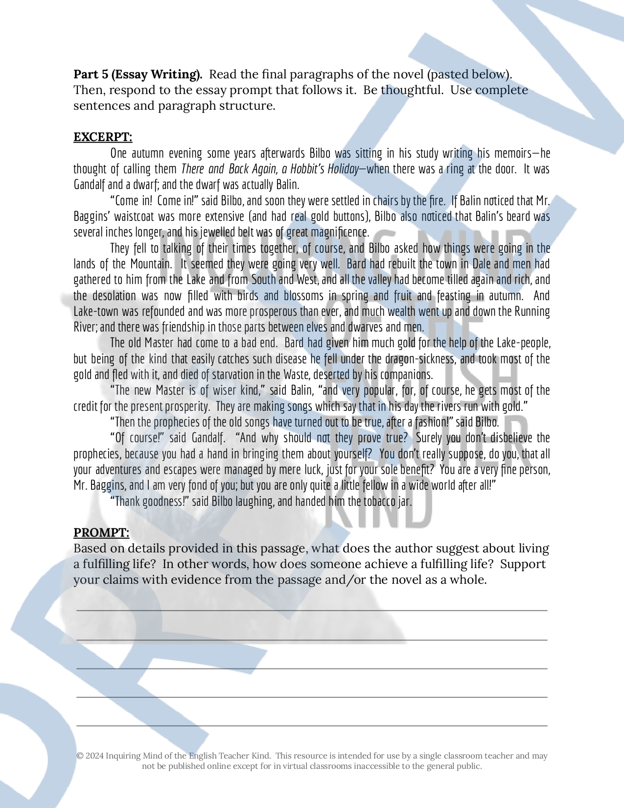 The Hobbit Test and Answer Key for High School - Classful