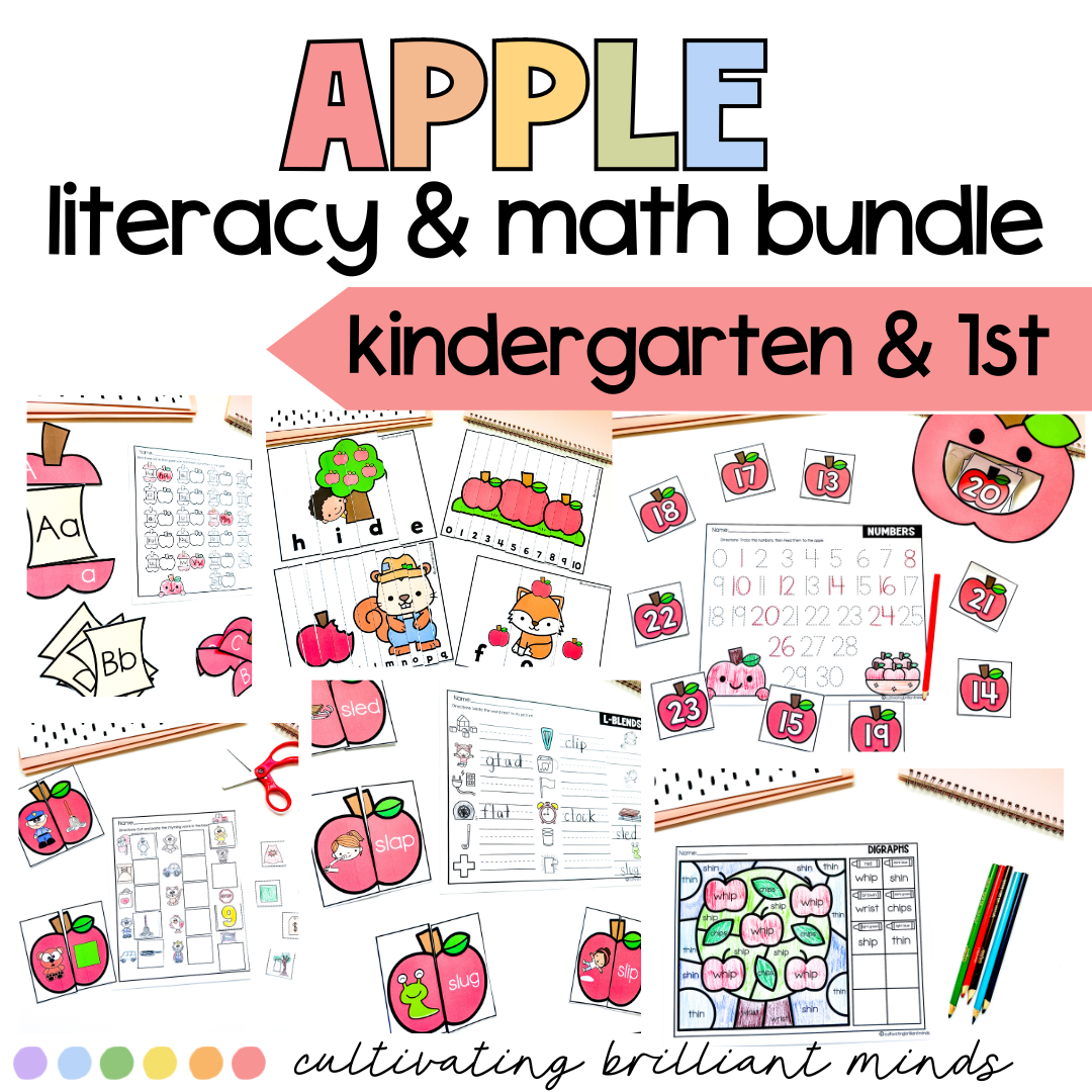 Apple Literacy & Math Centers | Fall | Kindergarten 1st | Thematic ...