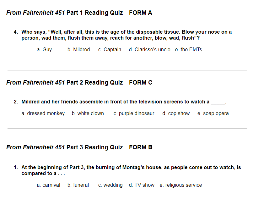 FAHRENHEIT 451 Reading Quizzes on ALL 3 PARTS -- (Google Docs format ...