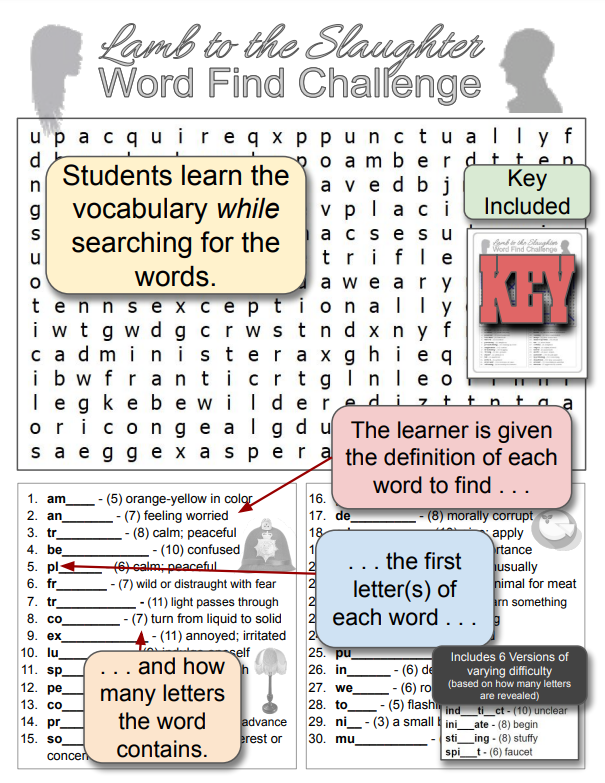 LAMB TO THE SLAUGHTER Prereading Vocabulary Puzzle (Quiz, Worksheet