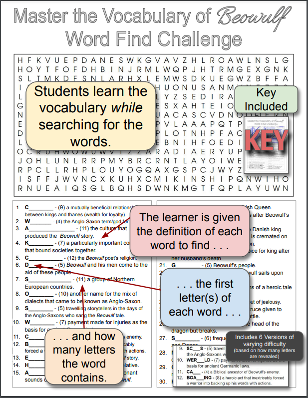 BEOWULF Vocabulary Puzzle (Activity, Quiz, Worksheet, Test, Review, Word Search/Find) NO PREP