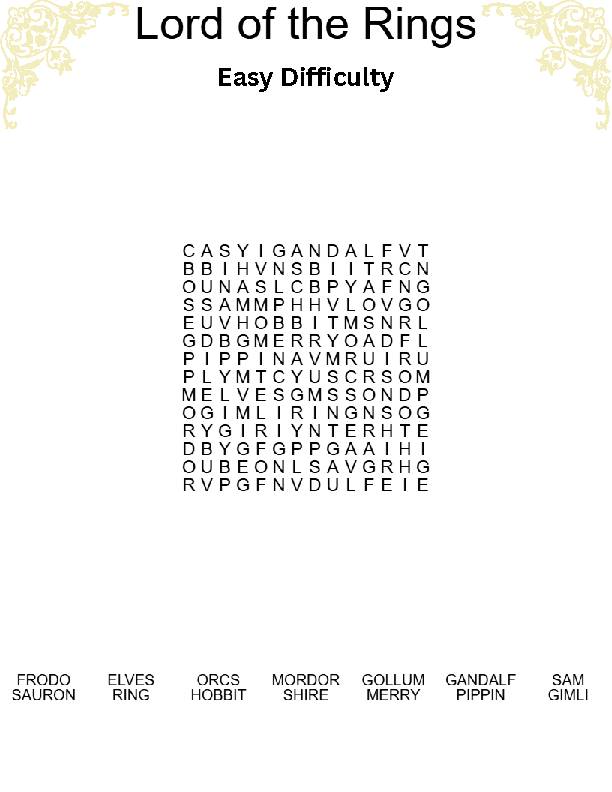 Printable lord of the rings puzzle fun pack with easy, medium, and hard  difficulty wordsearches, crossword puzzle, mad lib with drawing space, and  author fun facts - classful