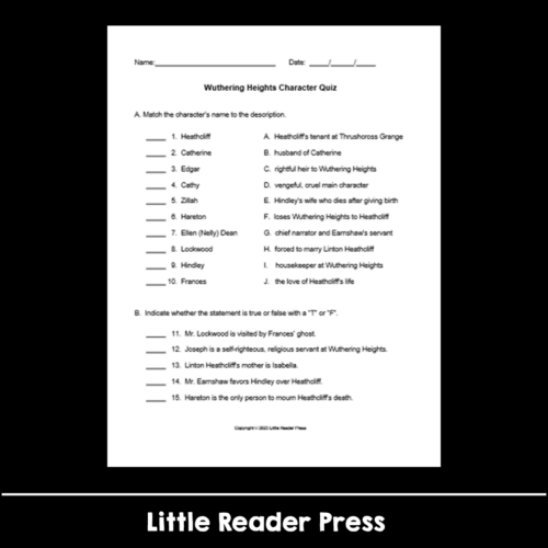 Wuthering Heights Character Quiz with Answer Key - Classful