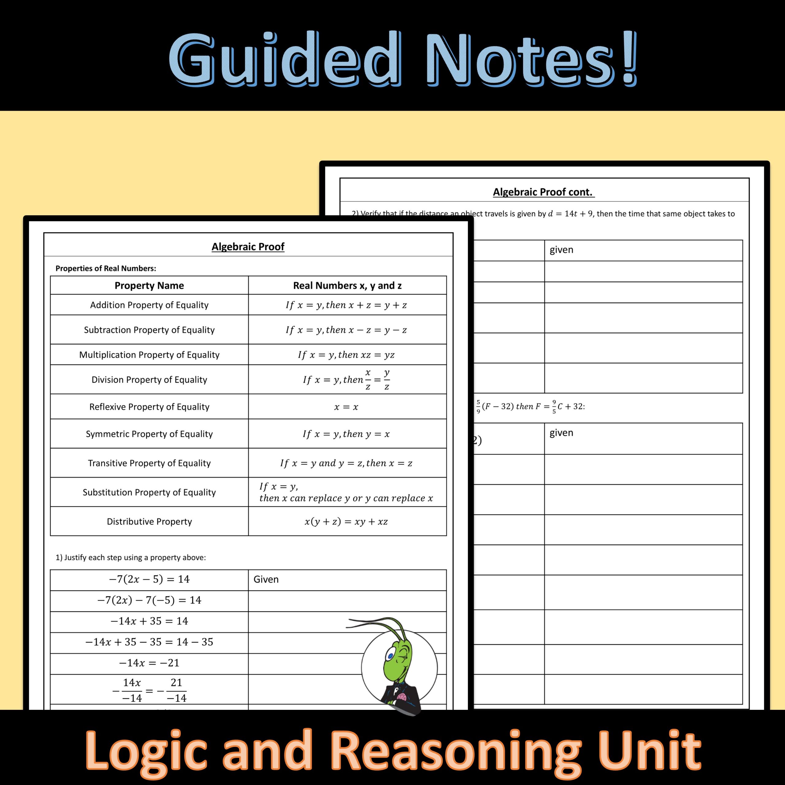 Proof Notes Algebraic Proofs Using Two Columns Geometry Guided Notes for Logic and ...