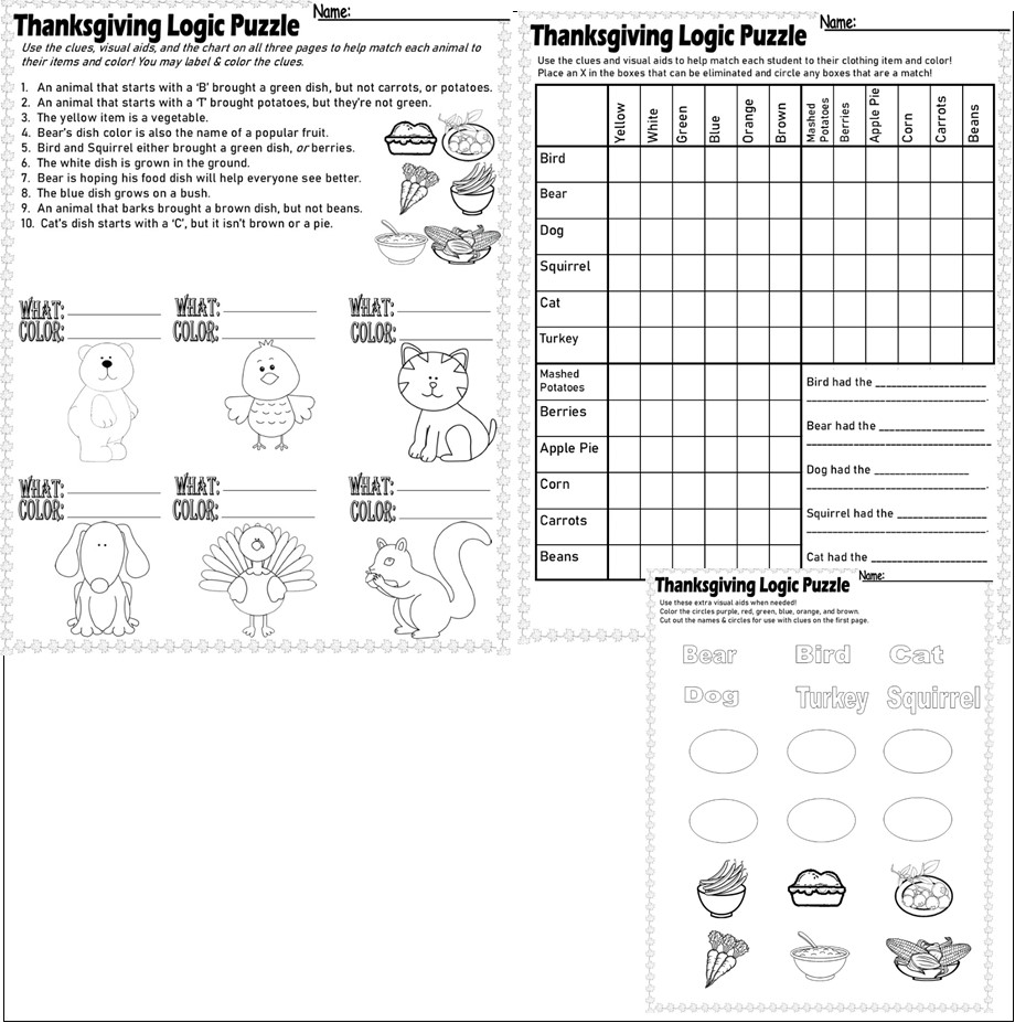 Thanksgiving Logic Puzzle Critical Thinking Skills Graph Visuals math ...