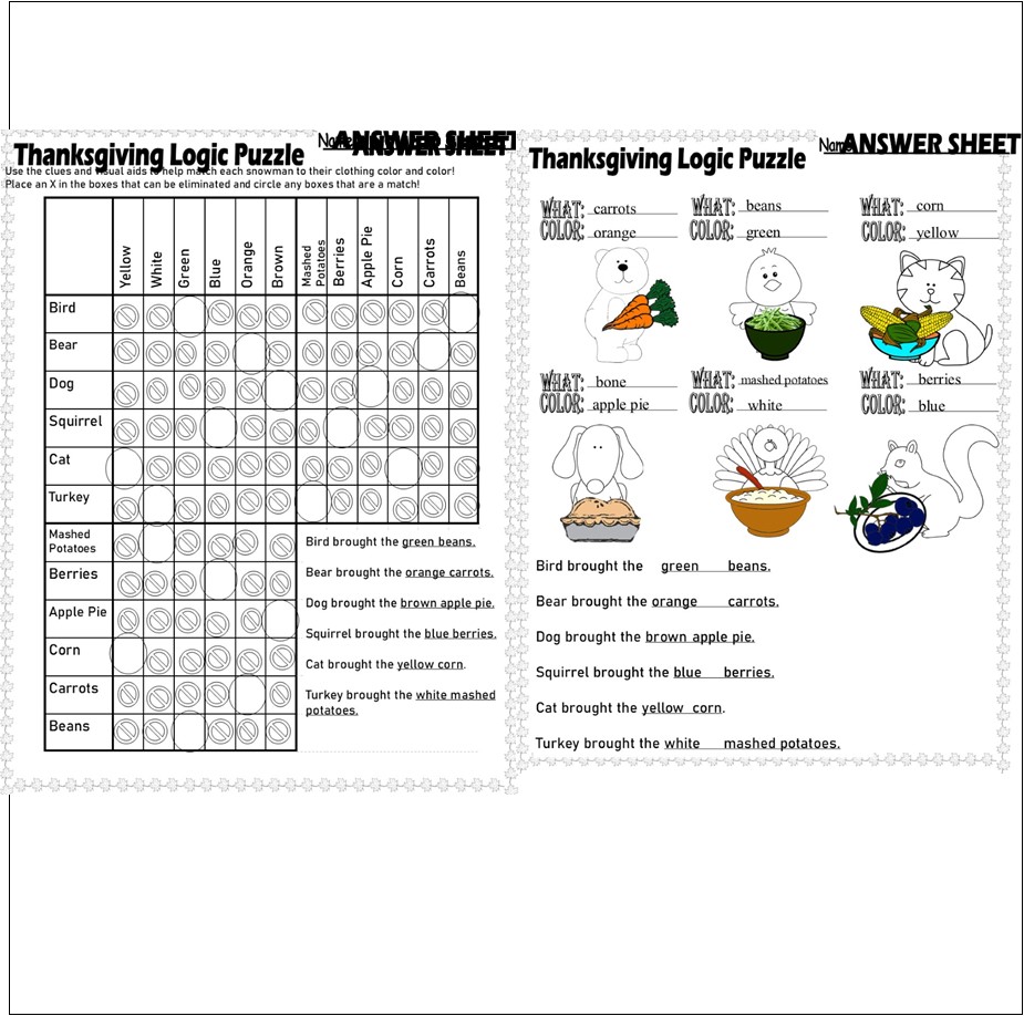 thanksgiving logic puzzle critical thinking skills graph visuals