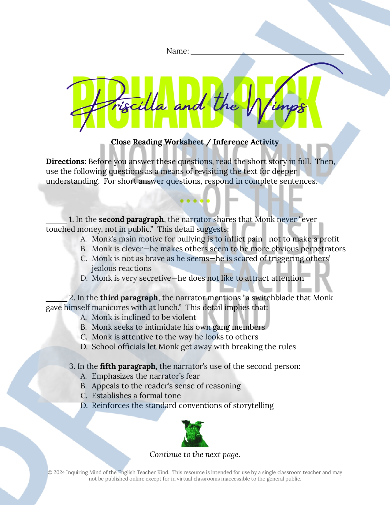 Priscilla and the Wimps Quiz, Close Reading Worksheet, and Vocabulary ...
