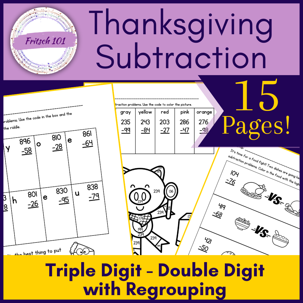 Three digit minus two digit Thanksgiving themed subtraction set with word problems, includes 15 pages's featured image