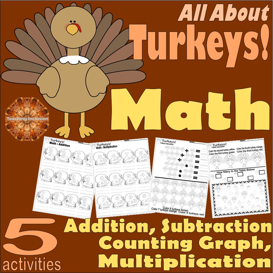 Turkey Math Activities Thanksgiving NO PREP multiplication addition ...