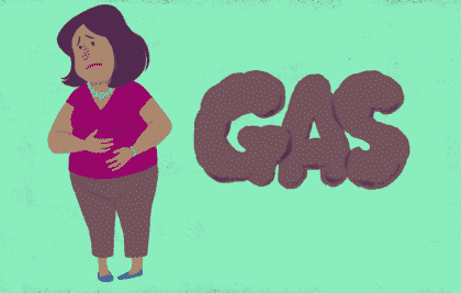 Woman holding her stomach with the word GAS next to her