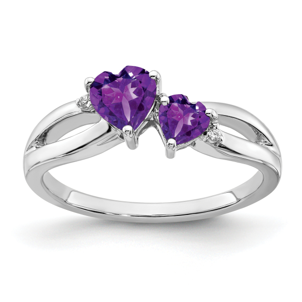 10K White Gold Purple Amethyst Diamond 2 Stone Heart Ring Gemstone Love Band - Picture 10 of 90