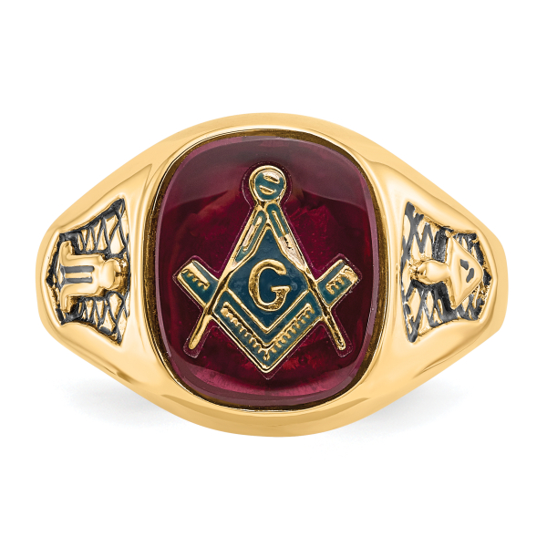 10K Yellow Gold Mens Black Lab Grown Created Red Ruby Master Mason Signet ...