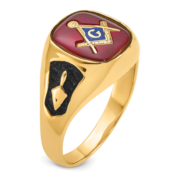 10K Yellow Gold Mens Black Lab Grown Created Red Ruby Master Mason Signet ...