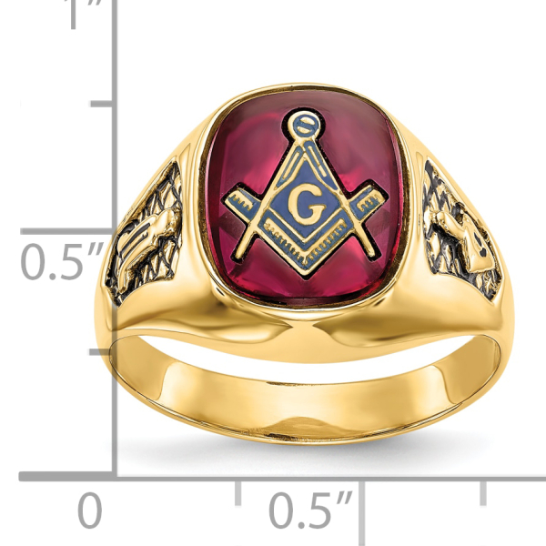 10K Yellow Gold Mens Black Lab Grown Created Red Ruby Master Mason Signet ...