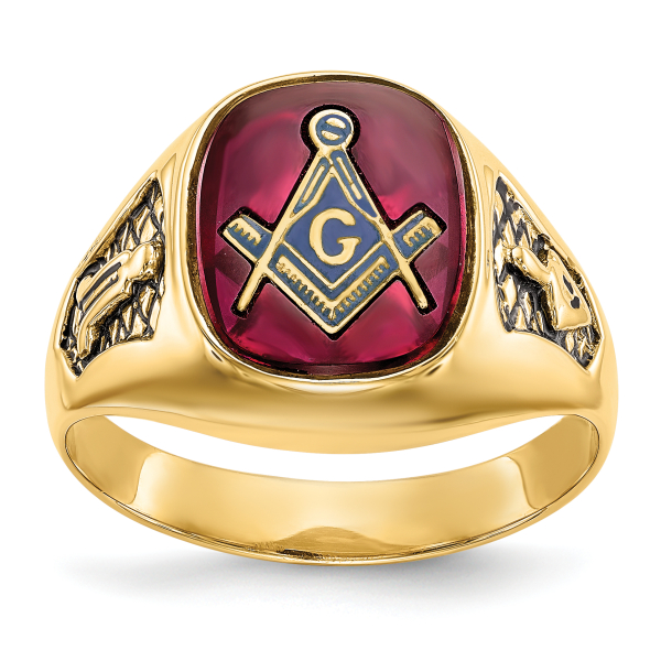 10K Yellow Gold Mens Black Lab Grown Created Red Ruby Master Mason Signet ...