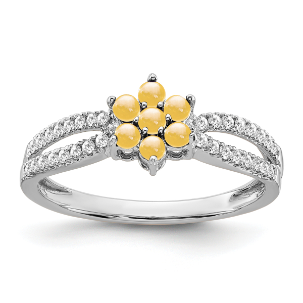 14K Solid White Gold Citrine Diamond Flower Ring - Picture 15 of 36