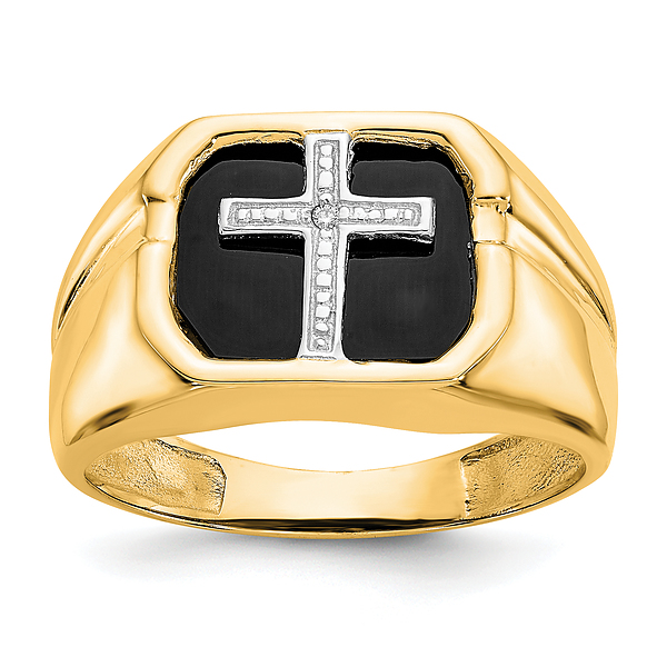 Anillo cruzado de diamantes de ónix de oro amarillo macizo de 14K para hombre - Imagen 31 de 98