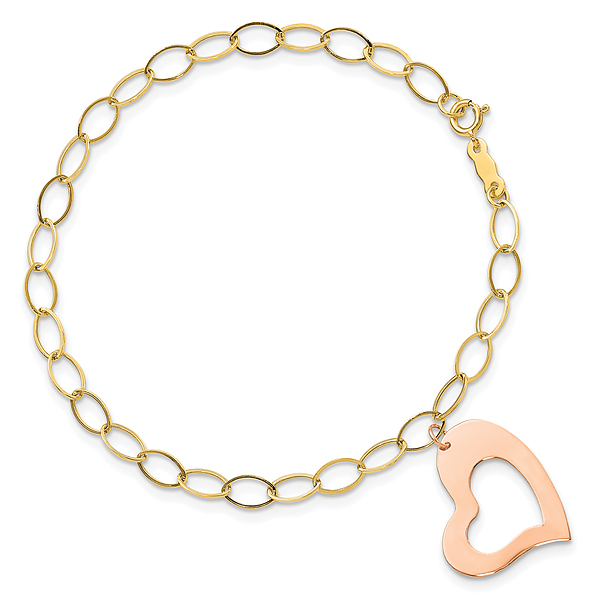 14K Yellow Gold Rose Pink Heart Love Dangling Chain Charm Bracelet - Picture 12 of 18