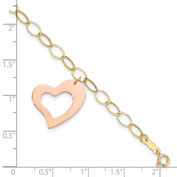 14K Yellow Gold Rose Pink Heart Love Dangling Chain Charm Bracelet - Picture 14 of 18