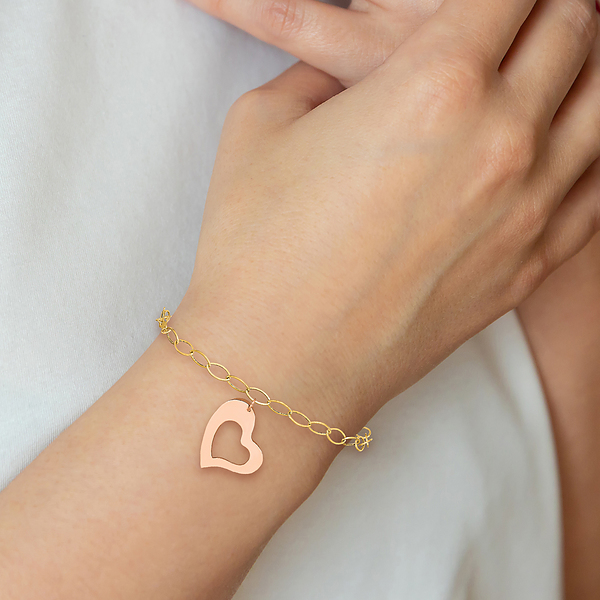 14K Yellow Gold Rose Pink Heart Love Dangling Chain Charm Bracelet - Picture 11 of 18