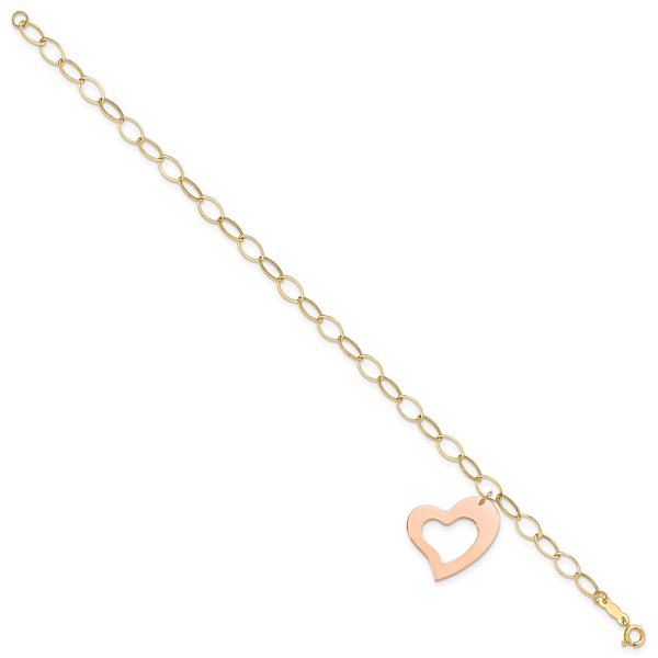 14K Yellow Gold Rose Pink Heart Love Dangling Chain Charm Bracelet - Picture 13 of 18