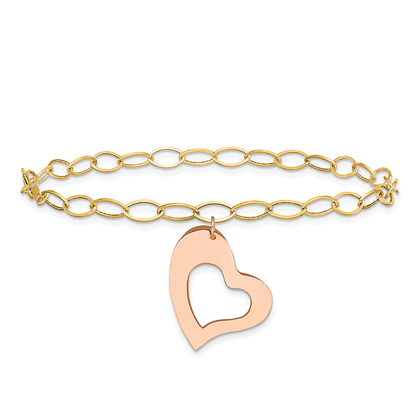 14K Yellow Gold Rose Pink Heart Love Dangling Chain Charm Bracelet - Picture 10 of 18