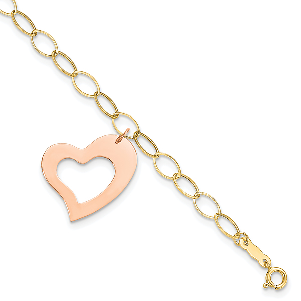 14K Yellow Gold Rose Pink Heart Love Dangling Chain Charm Bracelet - Picture 15 of 18