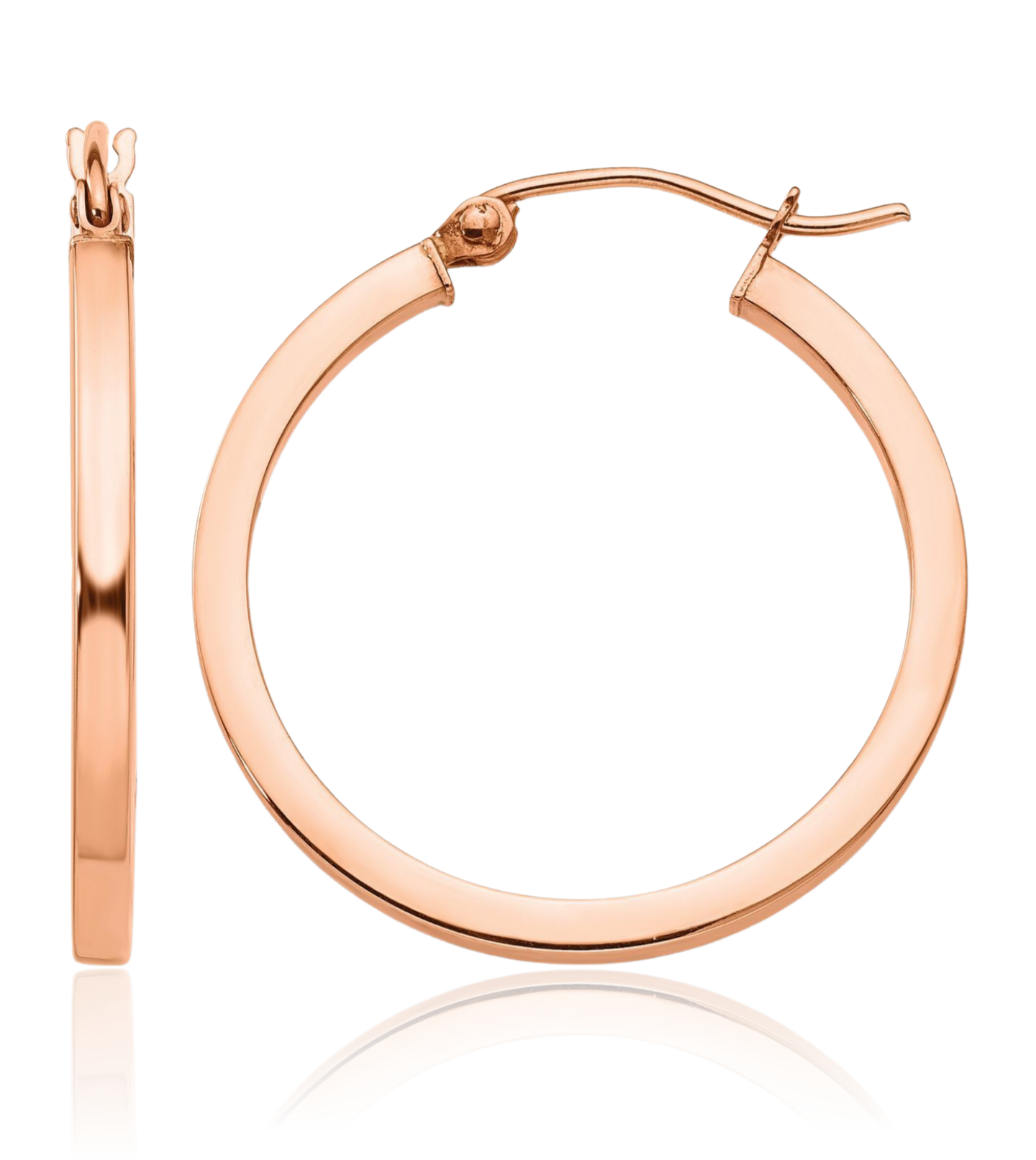 10K Solid Rose Gold Medium Square Round Hoop Earrings 25mm 1 inch Snap Back,