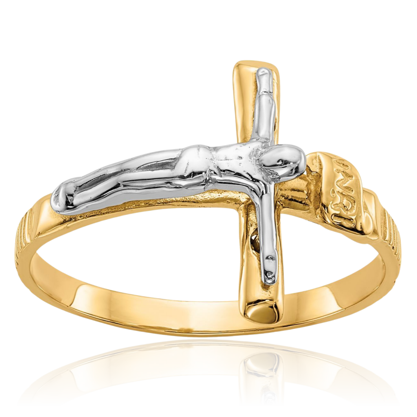 10K Solid Two Tone Gold Inri Jesus Crucifix Cross Ring - Picture 10 of 117