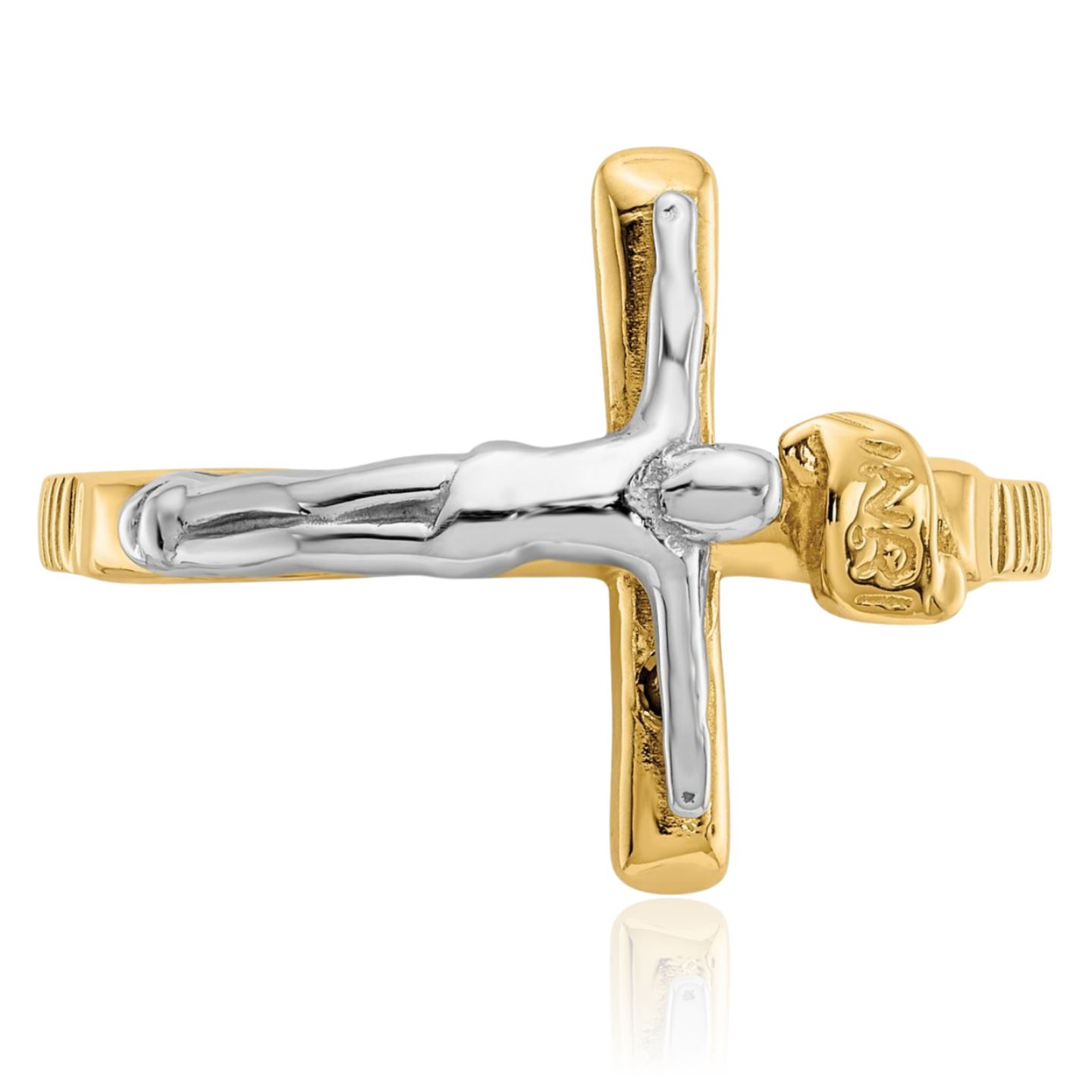 10K Solid Two Tone Gold Inri Jesus Crucifix Cross Ring - Picture 16 of 117