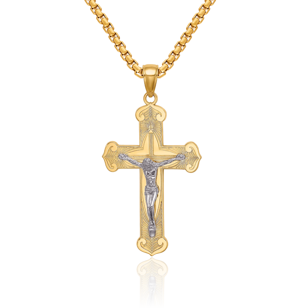 10K Solid Two Tone Gold Jesus Crucifix Cross Necklace - Picture 12 of 16
