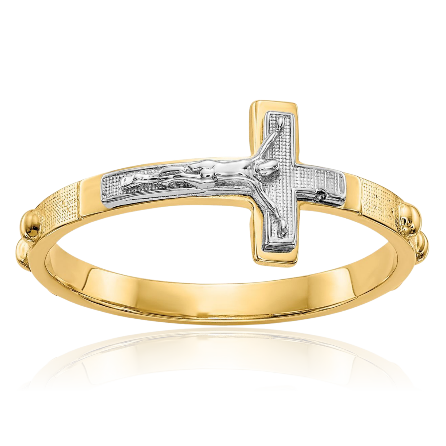 10K Solid Two Tone Gold Jesus Crucifix Cross Rosary Bead Ring - Picture 10 of 90