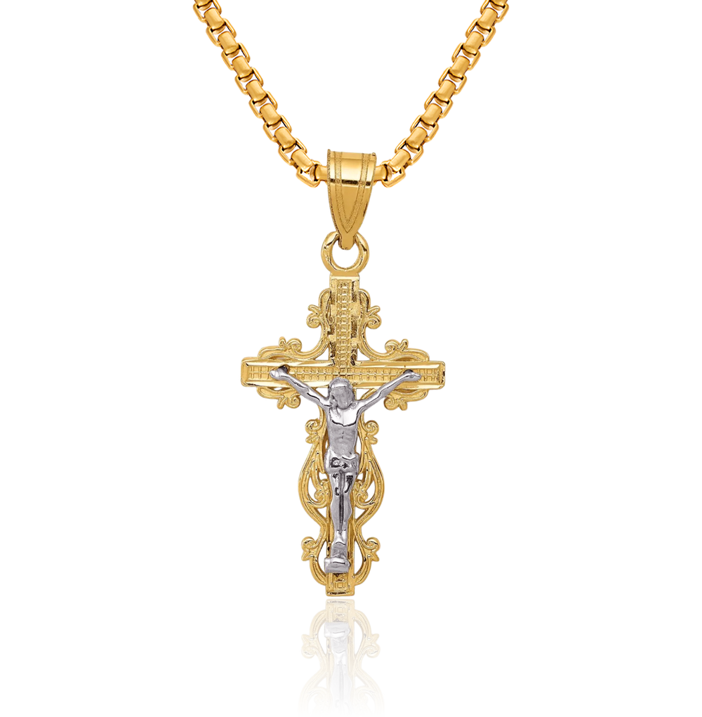 10K Solid Two Tone Gold Cross Jesus Crucifix Necklace - Picture 13 of 17
