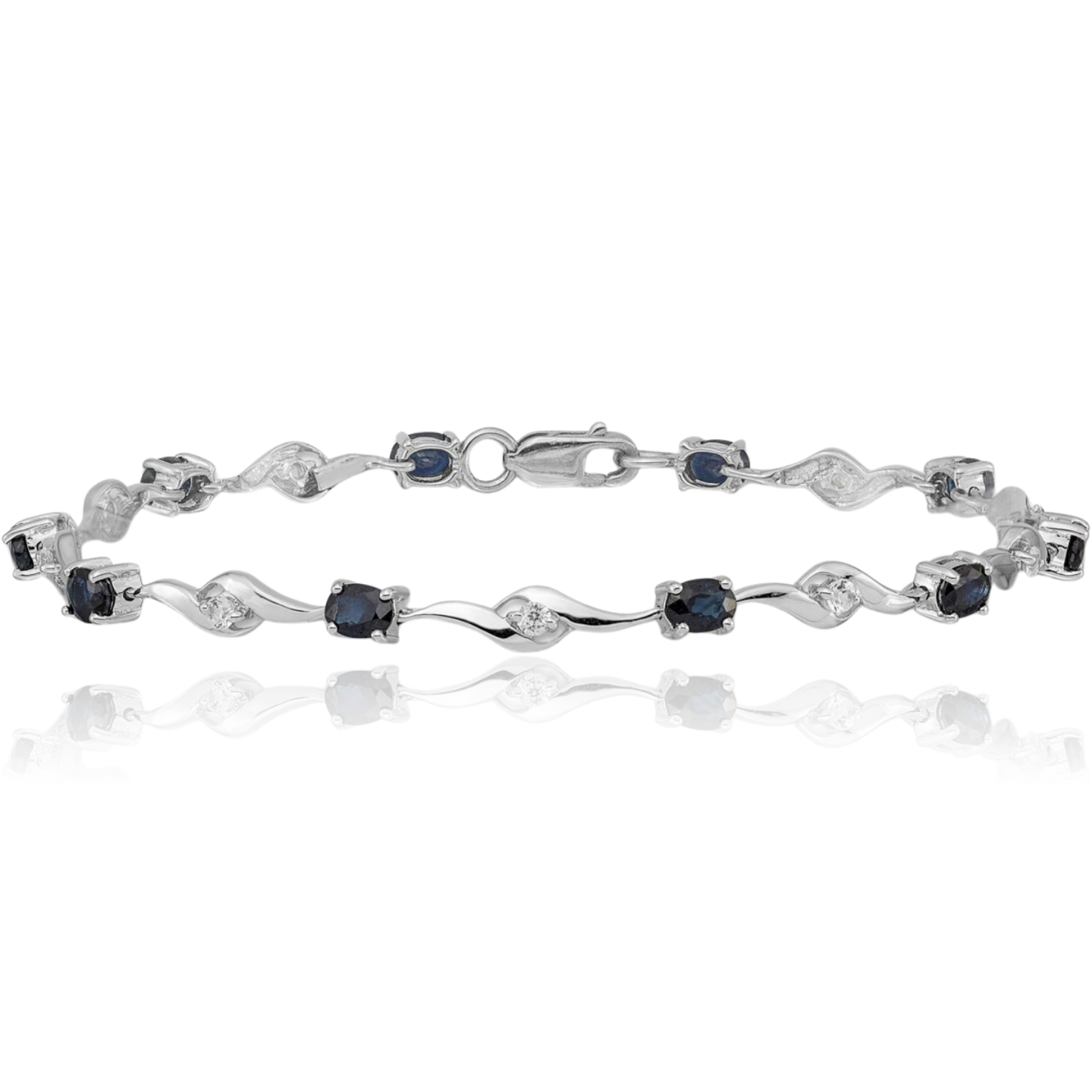 10K Solid White Gold Blue Sapphire Tennis Bracelet - Picture 7 of 12
