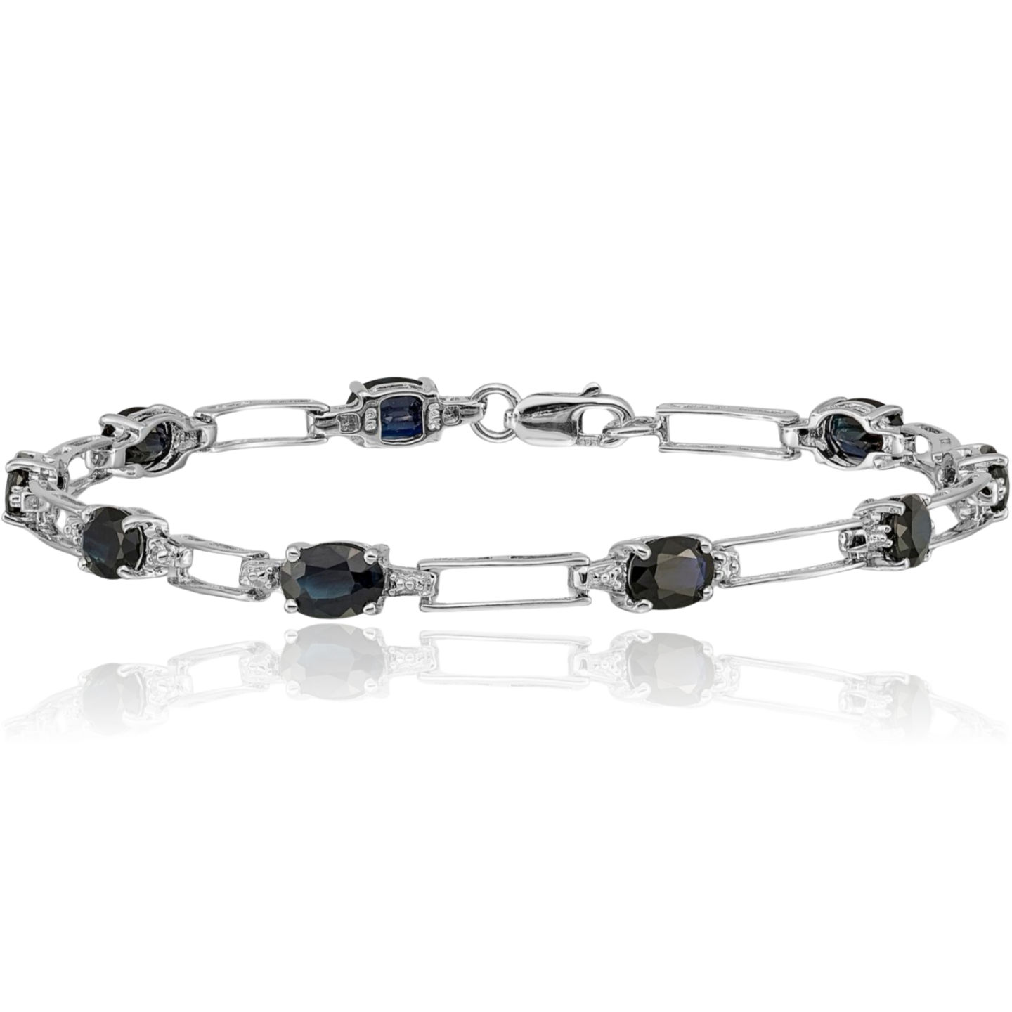 10K Solid White Gold Diamond Blue Sapphire Tennis Bracelet - Picture 7 of 12