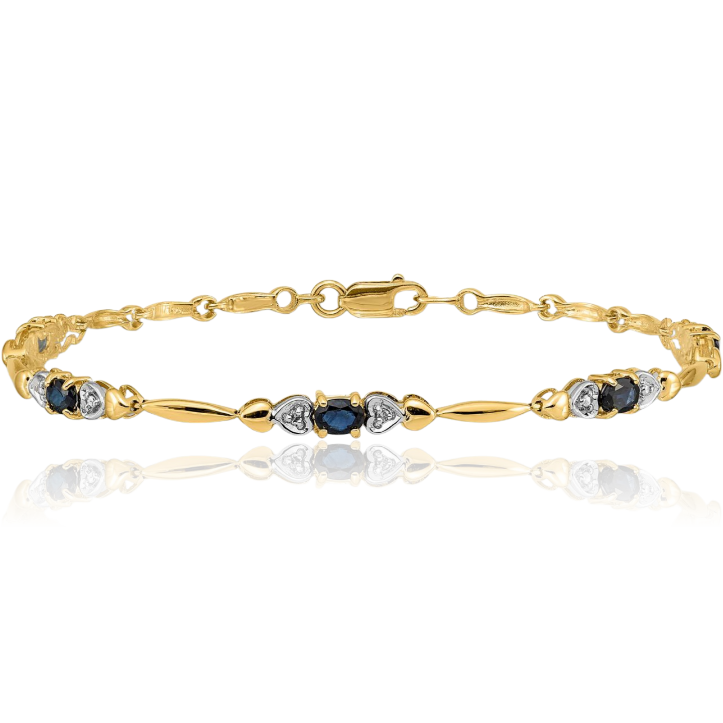 10K Solid Yellow Gold Diamond Blue Sapphire Tennis Bracelet - Picture 7 of 12