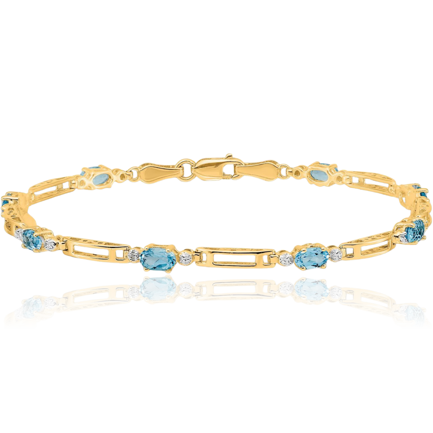 10K Solid Yellow Gold Diamond Swiss Blue Topaz Tennis Bracelet - Picture 7 of 12