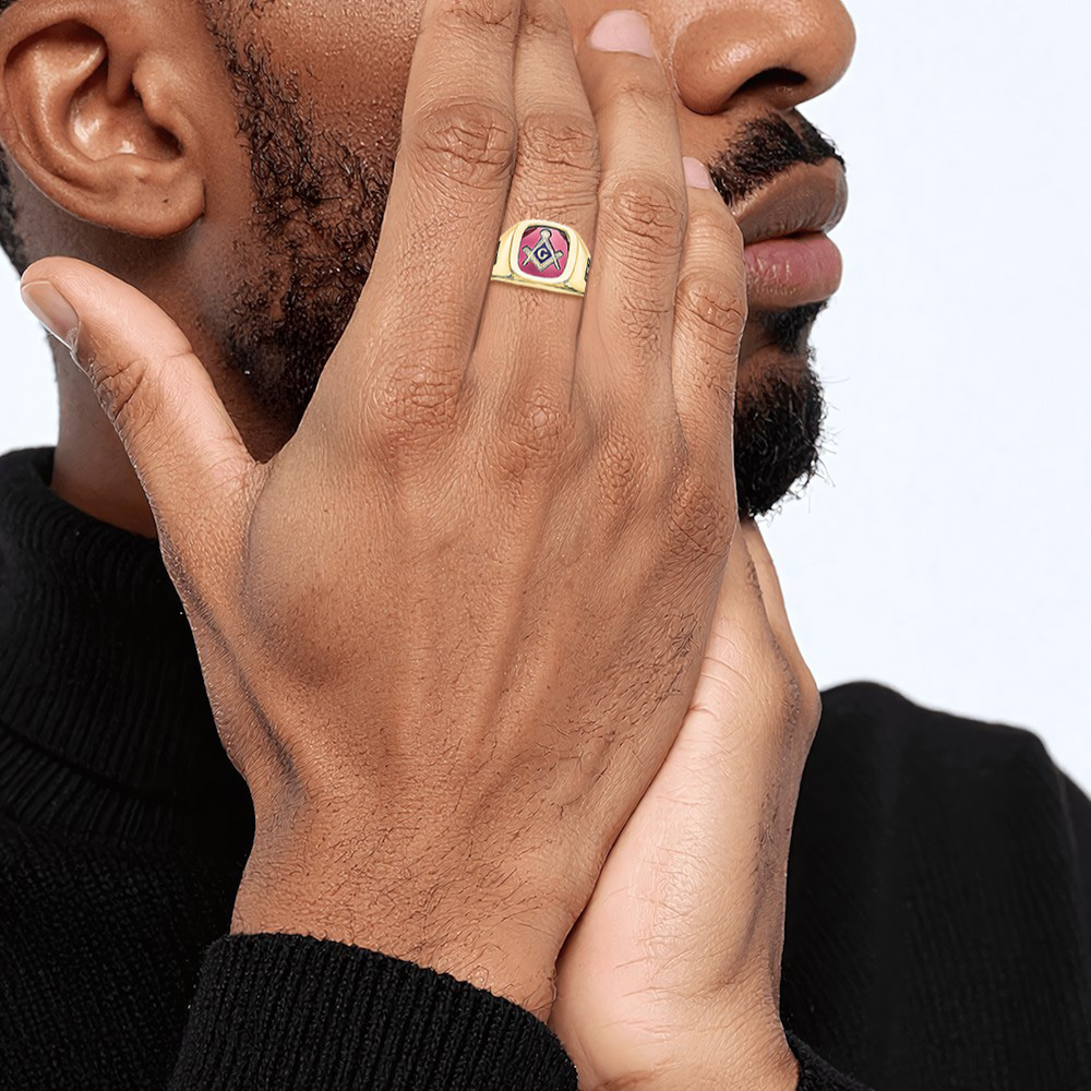 10K Solid Yellow Gold Mens Black Lab Ruby Masonic Ring - Picture 14 of 110