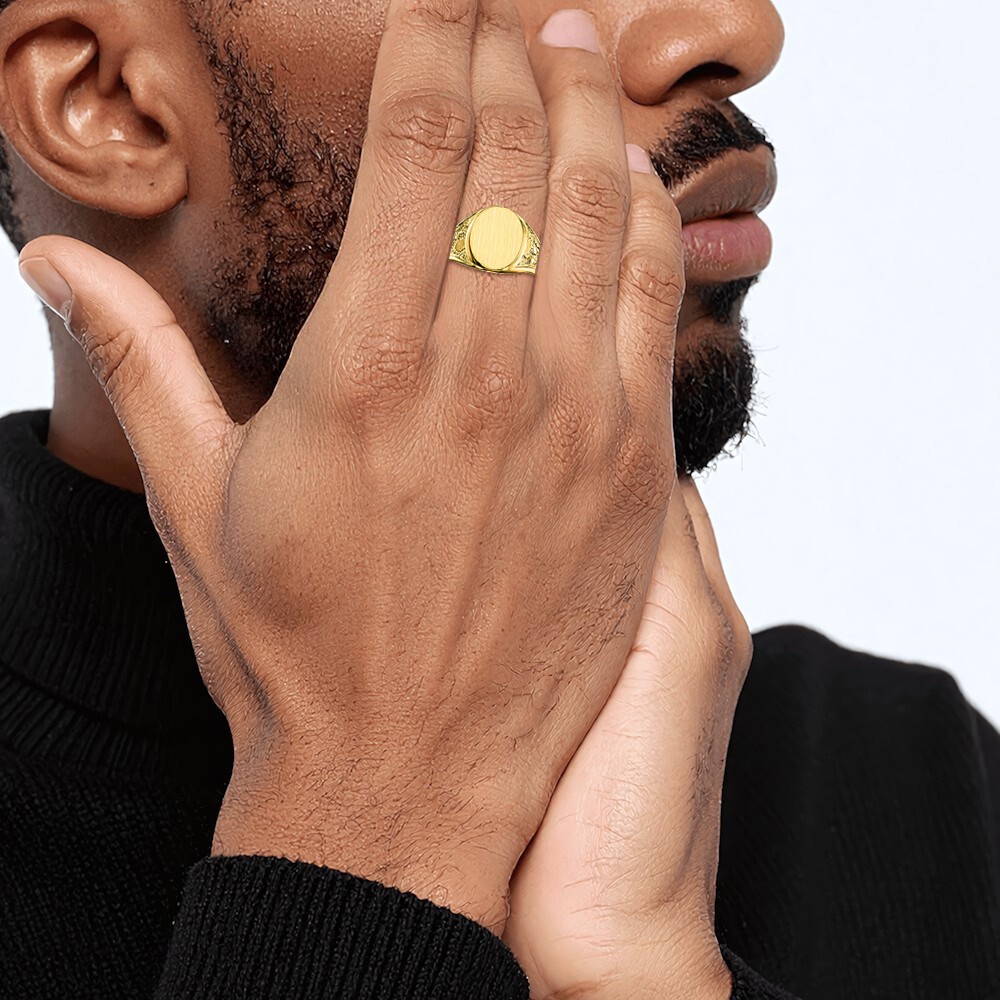 10K Solid Yellow Gold Mens Custom Engraved Signet Ring - Picture 13 of 100