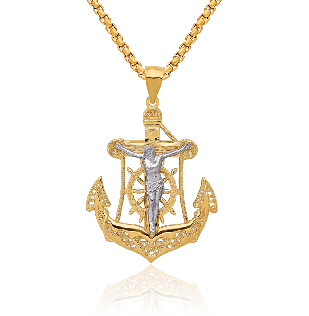 14K Solid Two Tone Gold Anchor Mariner Cross Necklace - Picture 12 of 16