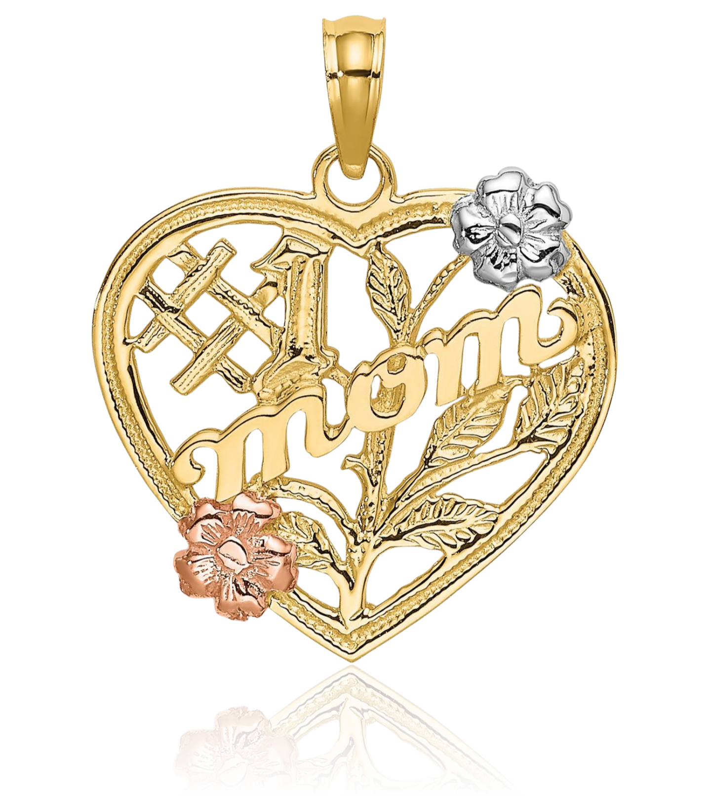 14K Solid Two Tone Gold Medium Heart Flower Pendant Necklace 25mm 1 inch