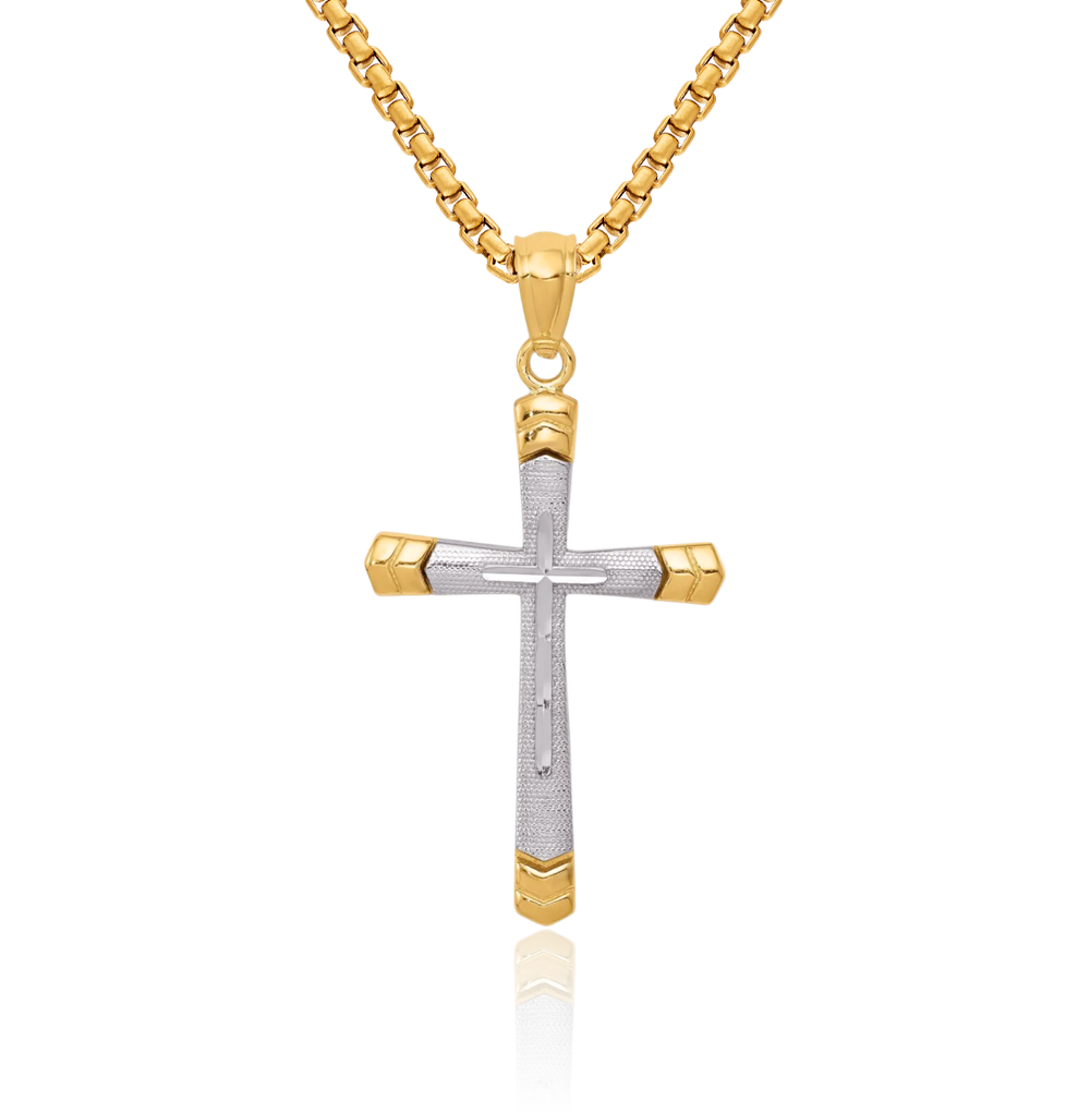 14K Solid Two Tone Gold Cross Necklace - Picture 1 of 16