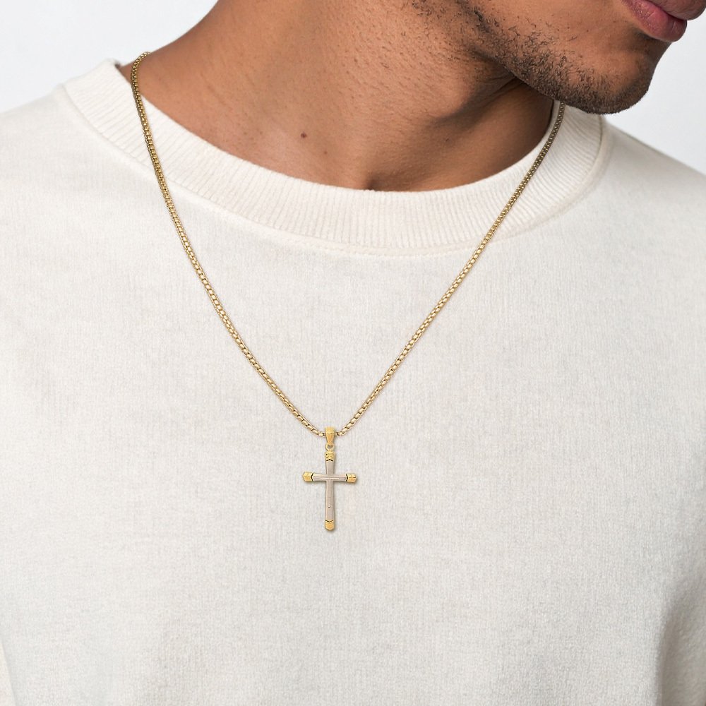 14K Solid Two Tone Gold Cross Necklace - Picture 2 of 16