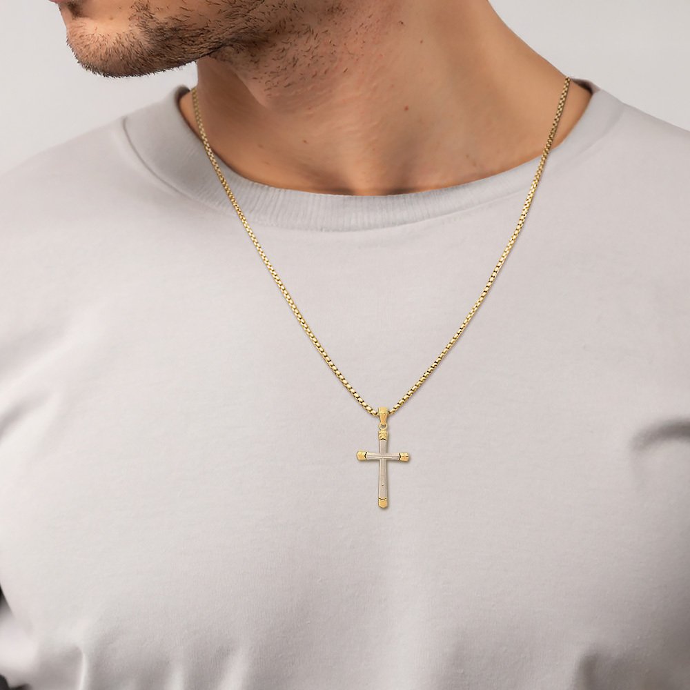 14K Solid Two Tone Gold Cross Necklace - Picture 3 of 16