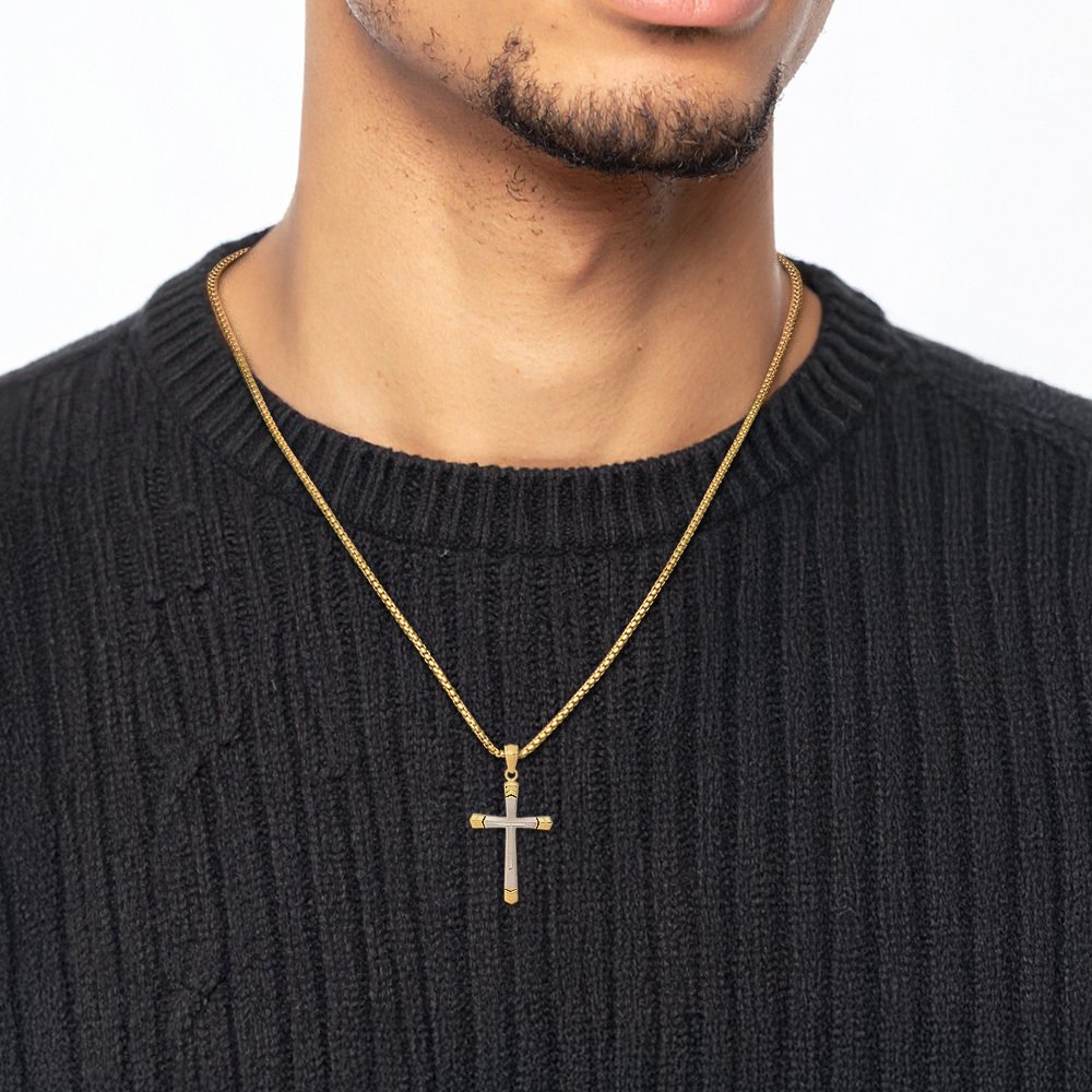 14K Solid Two Tone Gold Cross Necklace - Picture 4 of 16