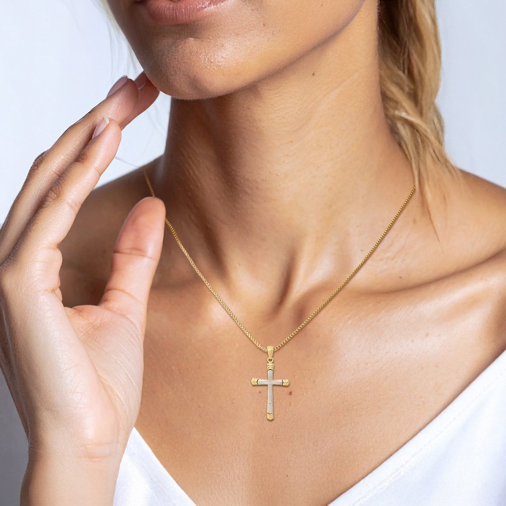 14K Solid Two Tone Gold Cross Necklace - Picture 6 of 16