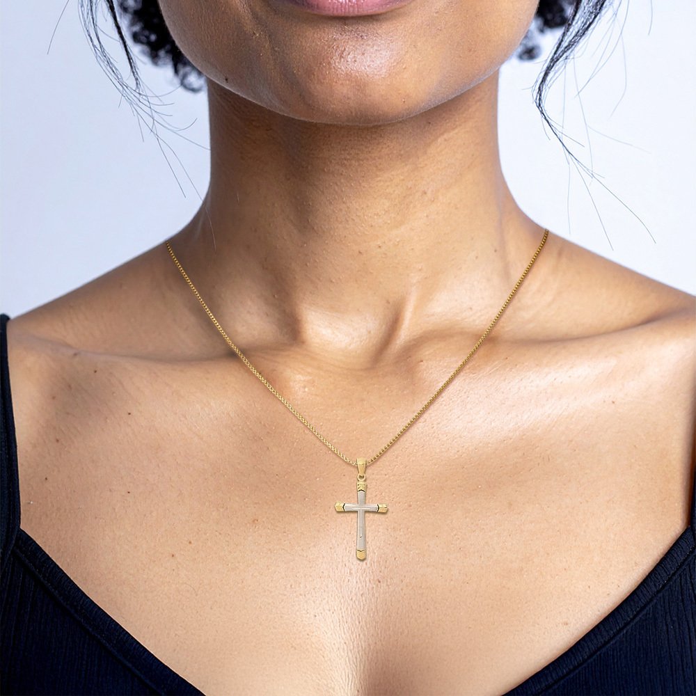 14K Solid Two Tone Gold Cross Necklace - Picture 7 of 16