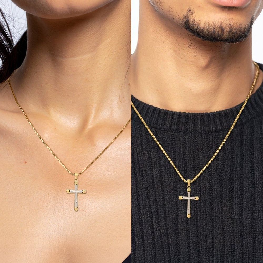14K Solid Two Tone Gold Cross Necklace - Picture 8 of 16
