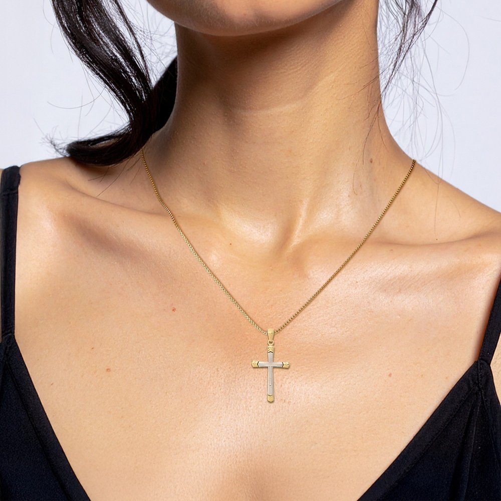 14K Solid Two Tone Gold Cross Necklace - Picture 9 of 16