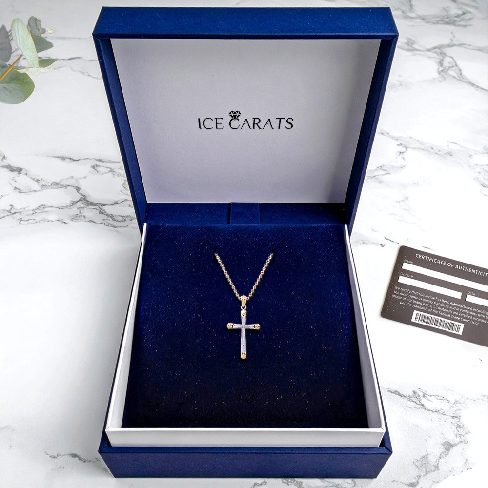 14K Solid Two Tone Gold Cross Necklace - Picture 11 of 16